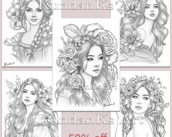 Five Pack Of Flower Beauties 2| Adult coloring pages | Premium coloring pages |  A4, A3 Printable | Grayscale Coloring | Kundan KS Art