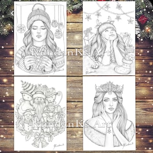 Christmas Pack Premium Coloring Pages | Four Pack Of Christmas Bundle Art  | Grayscale | A4, A3 Printable | KundanksArt