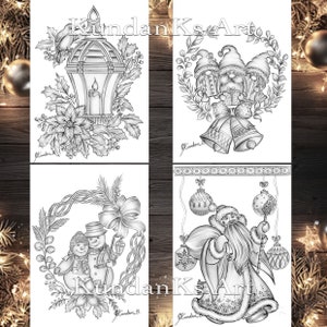 Cute Christmas Pack Premium Coloring Pages | Four Pack Of Christmas Bundle Art  | Grayscale | A4, A3 Printable | KundanksArt