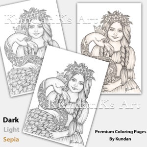 May include: Three grayscale coloring pages featuring a woman with a floral crown and a flamingo. The flamingo has a crown and intricate patterns. The text on the pages reads "Dark, Light, Sepia" and "Premium Coloring Pages By Kundan."