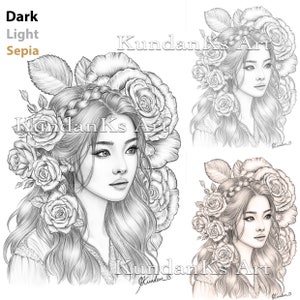 Hana| Adult Coloring Page| Portrait Coloring | Grayscale Coloring ...