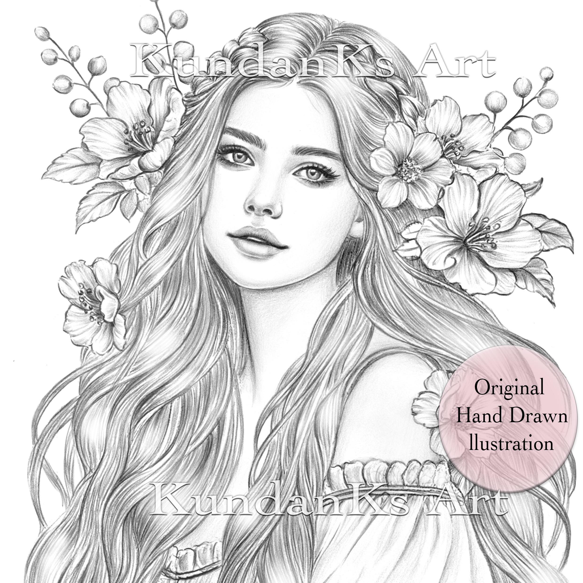Katherine| Adult Coloring Page| Portrait Coloring | Grayscale