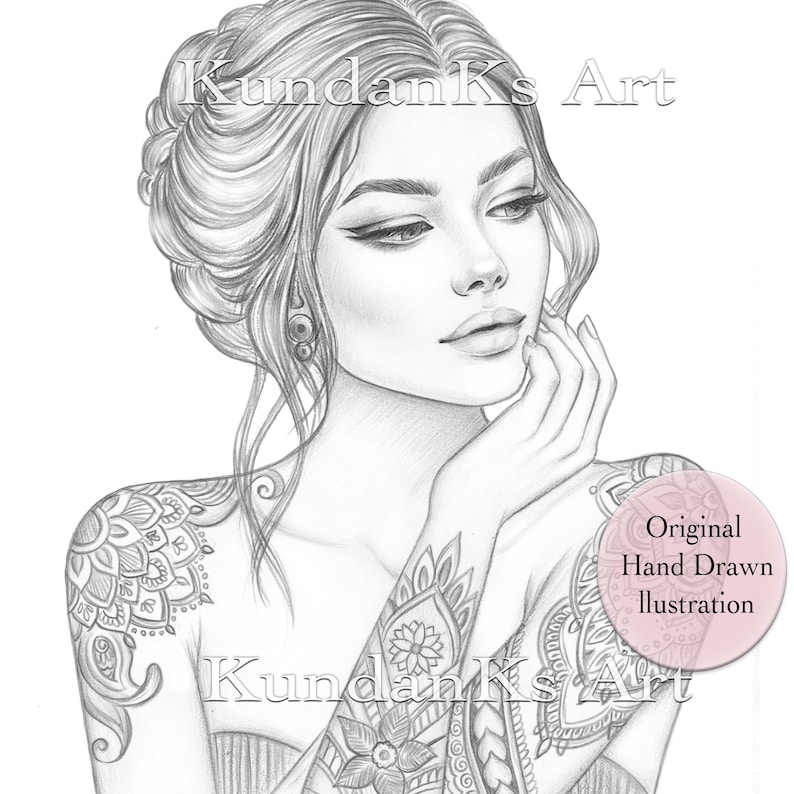 May include: A pencil sketch of a woman with long wavy hair and detailed tattoos on her arm and shoulder. The image includes the text "Kundanks Art" and a pink circle with the text "Original Hand Drawn Illustration."