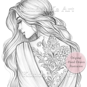 Grace l Adult Coloring Page| Portrait Coloring | Grayscale Coloring |Instant Download |A4,A3 Printable| KundanKs Art