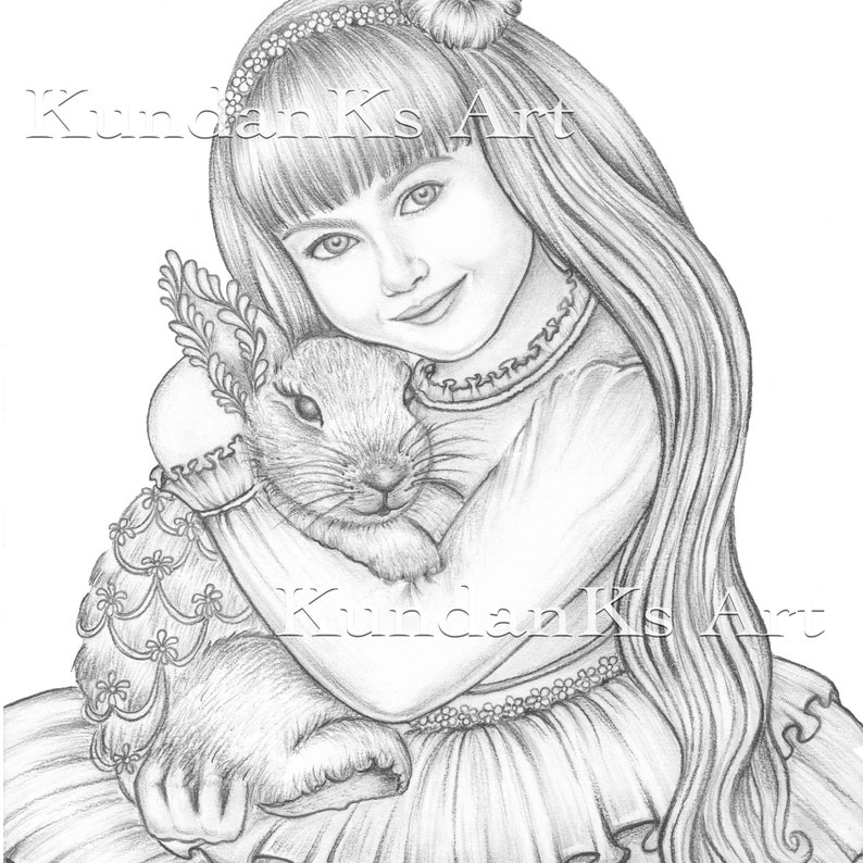 May include: A pencil sketch of a young person with long hair, wearing a dress and holding a rabbit. The person is smiling and the rabbit is nestled in their arms. The image has the text "Kundan's Art" in the image.