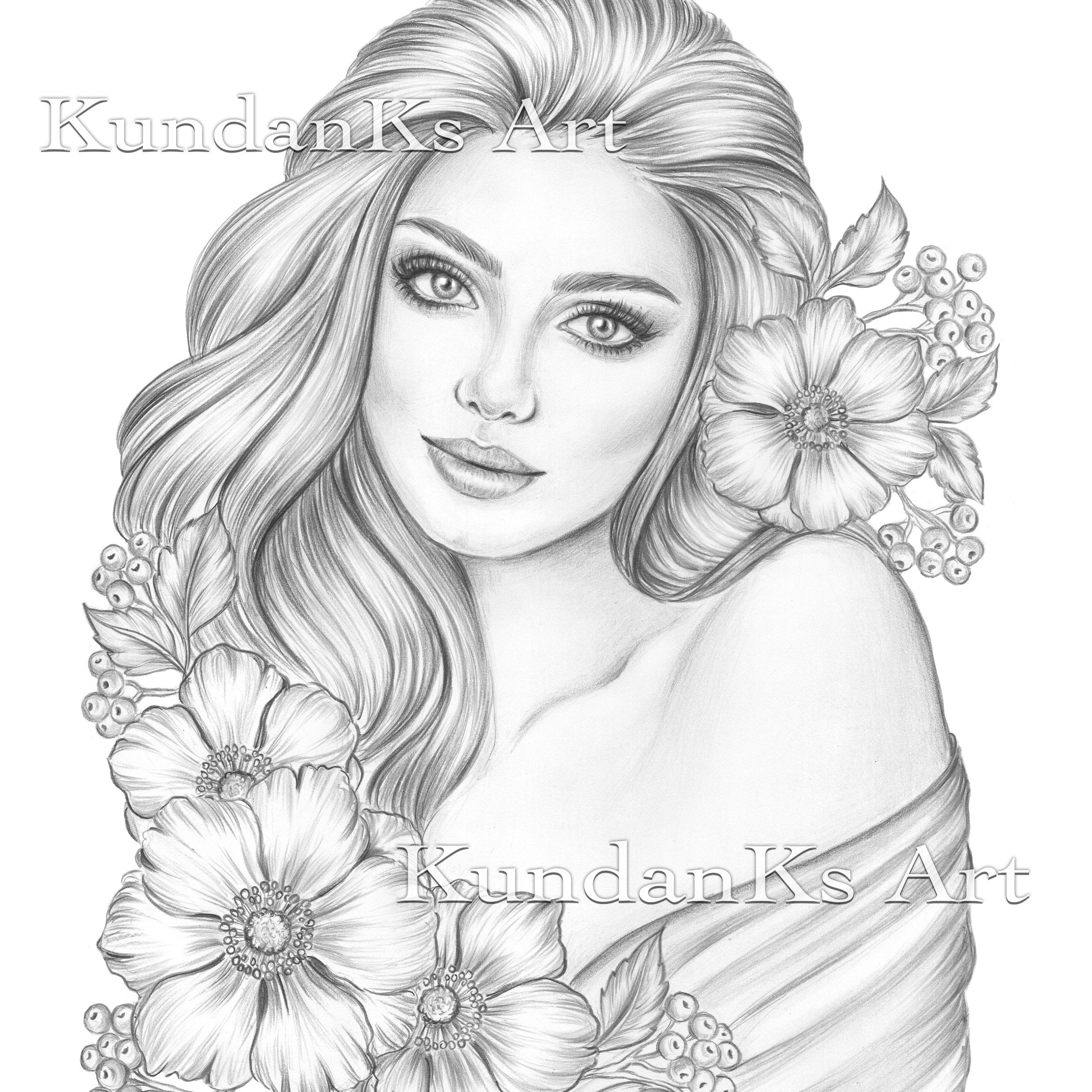 Coloring Book, Alluring Portrait, Coloring Book for Adults and Kids, 25  Pages, Grayscale Illustration Printed High Quality Paper Hard 