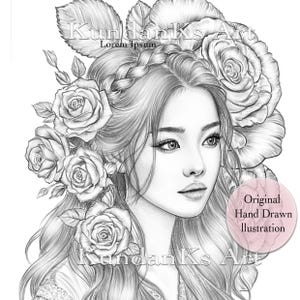 Hana| Adult Coloring Page| Portrait Coloring | Grayscale Coloring |Instant Download |A4,A3 Printable| KundanKs Art