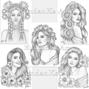Five Pack Of Flower Beauties| Adult coloring pages | Premium coloring pages |  A4, A3 Printable | Grayscale Coloring | Kundan KS Art