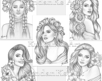 Vijf pakjes Flower Beauties| Kleurplaten voor volwassenen | Premium kleurplaten |  A4, A3-afdrukbaar | Grijswaardenkleuring | Kundan KS Art