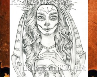 Halloween Bride|  Adult coloring pages | Premium coloring pages | Grayscale Page |Instant Download |A4,A3 Printable