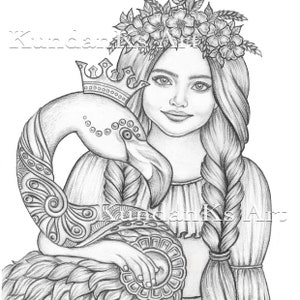 May include: A pencil drawing of a young person with long braided hair, wearing a floral crown and holding a flamingo with a crown. The flamingo has detailed patterns on its neck and body. The text "Kundan Ks Art" is visible.