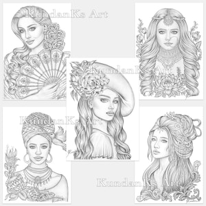 Five Pack Of One World Beauty Bundle | Adult coloring pages | Premium coloring pages | A4, A3 Printable | Grayscale Coloring | Kundan KS Art