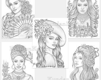 Fempack av One World Beauty-paket | Målarbilder för vuxna | Premiummålarbilder | Utskrivbara A4, A3 | Gråskalemålning | Kundan KS Art