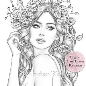 Flora| Adult Coloring Page| Portrait Coloring | Grayscale Coloring |Instant Download |A4,A3 Printable| KundanKs Art