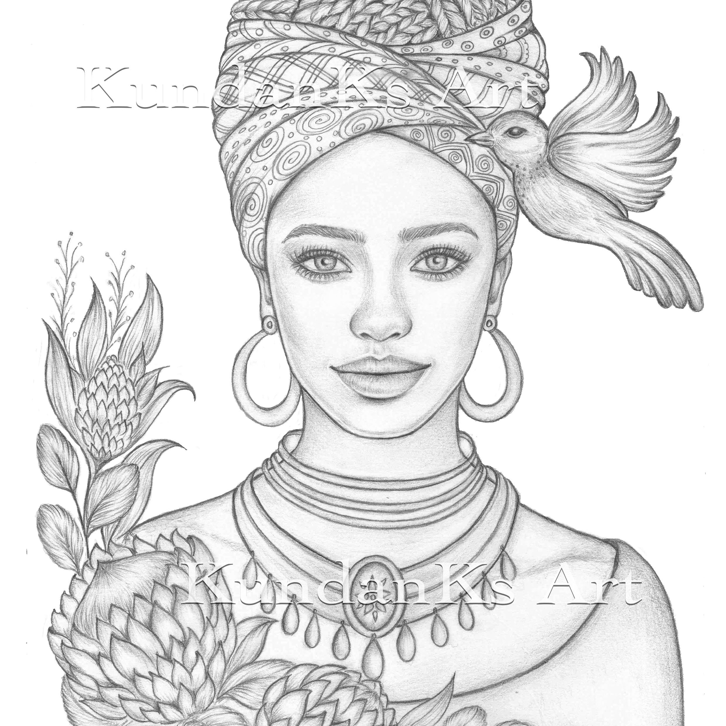 Adah   Adult Coloring Pages   Premium Coloring Page  Portrait Coloring    Grayscale Coloring  Instant Download  A20,A20 Printable