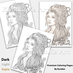May include: Three coloring pages featuring detailed illustrations of a woman with ornate hairstyles and floral accents. The pages are in grayscale with options for dark, light, and sepia tones. Text includes "Kundan Ks Art" and "Premium Coloring Pages By Kundan."