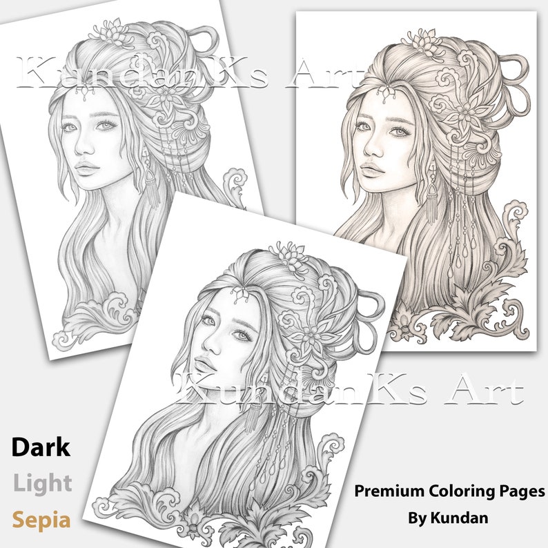 May include: Three coloring pages featuring detailed illustrations of a woman with ornate hairstyles and floral accents. The pages are in grayscale with options for dark, light, and sepia tones. Text includes "Kundan Ks Art" and "Premium Coloring Pages By Kundan."