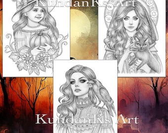 Spooktober Halloween Set of 3| Adult Coloring Page| Portrait Coloring | Grayscale Coloring |Instant Download |A4,A3 Printable| KundanKs Art