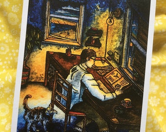 May include: A painting of a person sitting at a desk in a room with a window overlooking a beach. The person is reading a book and there is a cat in the foreground. The painting is done in a dark, moody style with a lot of blue and green tones.
