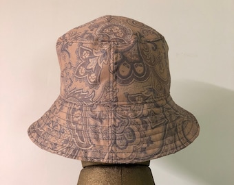 Upcycled Damask Bucket Hat - Beige Floral Fabric, Adult S/M