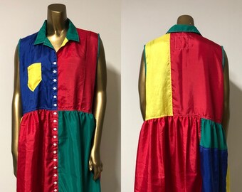 Robe XL à blocs de couleurs - Chemise boutonnée soyeuse recyclée, faite main sans manches