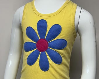 Kids Large Yellow Flower Upcycled Cotton Tank Top - One of a Kind Light Yellow Tank Top with Applique Design Made From Upcycled Fleece