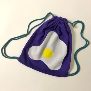 Kids Purple Egg Drawstring Backpack - Handmade Bag Made from Upcycled Cotton Flannel Fabric - Sustainable Eco Friendly Gift for Children