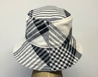 Upcycled Fabric Bucket Hat – Black White Plaid Stripes, Monochromatic Lining, One of a Kind Accessory