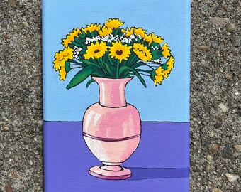 Original Painting 5x7 - Floral #6 Acrylic on Canvas - Handpainted Artwork Bright and Colorful Flowers in Vase