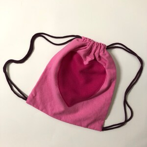 Kids Pink Heart Drawstring Backpack - Handmade Bag Made from Upcycled Cotton Flannel Fabric - Sustainable Eco Friendly Gift for Children