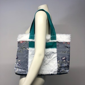 Floral and Fur Tote with Pockets - Shoulder Bag Handmade from Upcycled Vintage Fabric and Faux Fur - Sustainable Eco Friendly Accessory