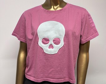 Womens Medium Dusty Pink Skull Crop Top - Upcycled Cotton T-Shirt - One of a Kind Tee with 3D Applique Design Made From Upcycled Fleece