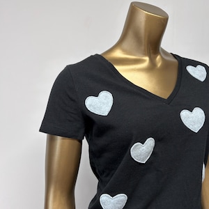 Womens XS Grey Hearts Upcycled Cotton V-Neck Crop Top - One of a Kind Black Top with Applique Hearts Made From Upcycled Fleece Fabric