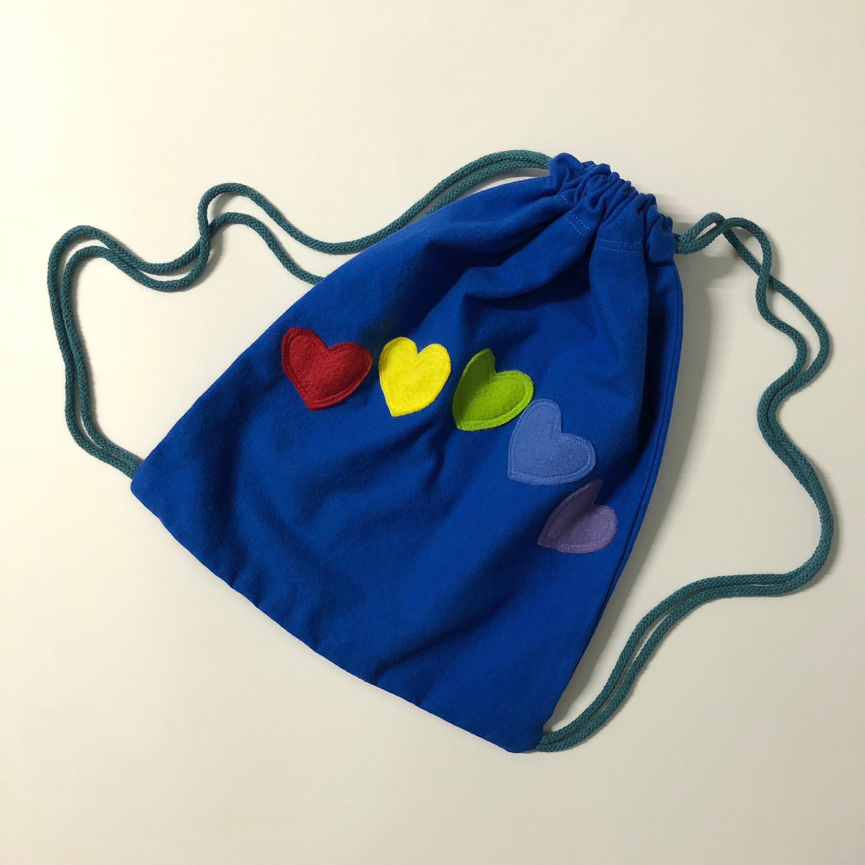 Colorful Drawstring Backpack With Heart In Blue, Green And Purple New Shop for Green Convenience: Explore Our Upcycled Drawstring  main image 4