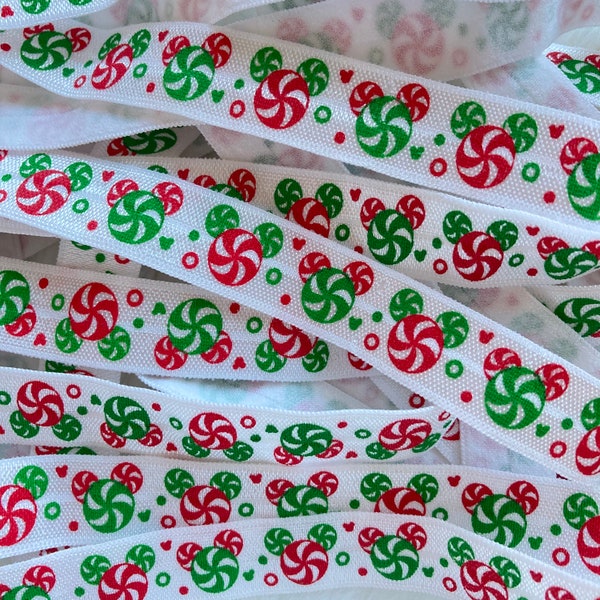 Peppermint Candy Swirl Fold Over Elastic, 5/8" wide FOE, Per Yard, Candy Swirl Printed, Red, Green, Holiday Craft, Elastic for Hair Ties