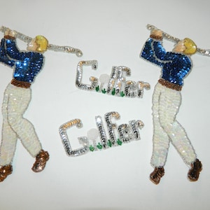 May include: Two sequined iron-on patches of a golfer swinging a club, with the word "Golfer" spelled out in sequins below each golfer.