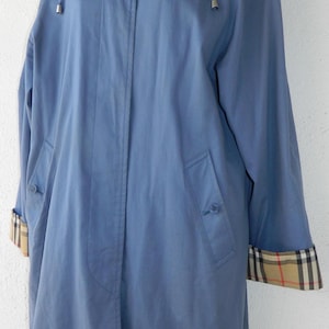 Vintage BURBERRY London Blue Trench Coat Nova Check Cuffs and lining Removable Hood Size 10