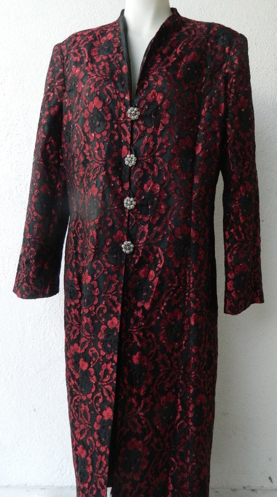 Vintage LILY & TAYLOR Long Black and Red Lace Coat