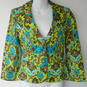 May include: A green, blue, and brown patterned blazer with a V-neck and button closure.