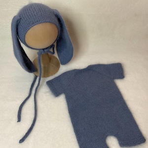 Conjunto de conejito de hilo de angora para recién nacidos, conjunto de pelele de manga corta, gorro y pelele de conejito, accesorios para fotografías de recién nacidos, accesorios para fotografías