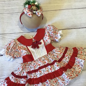 Christmas Flower Dress, Santa Picture Dress and Headband, Sitter Photography, Short Sleeve Dress