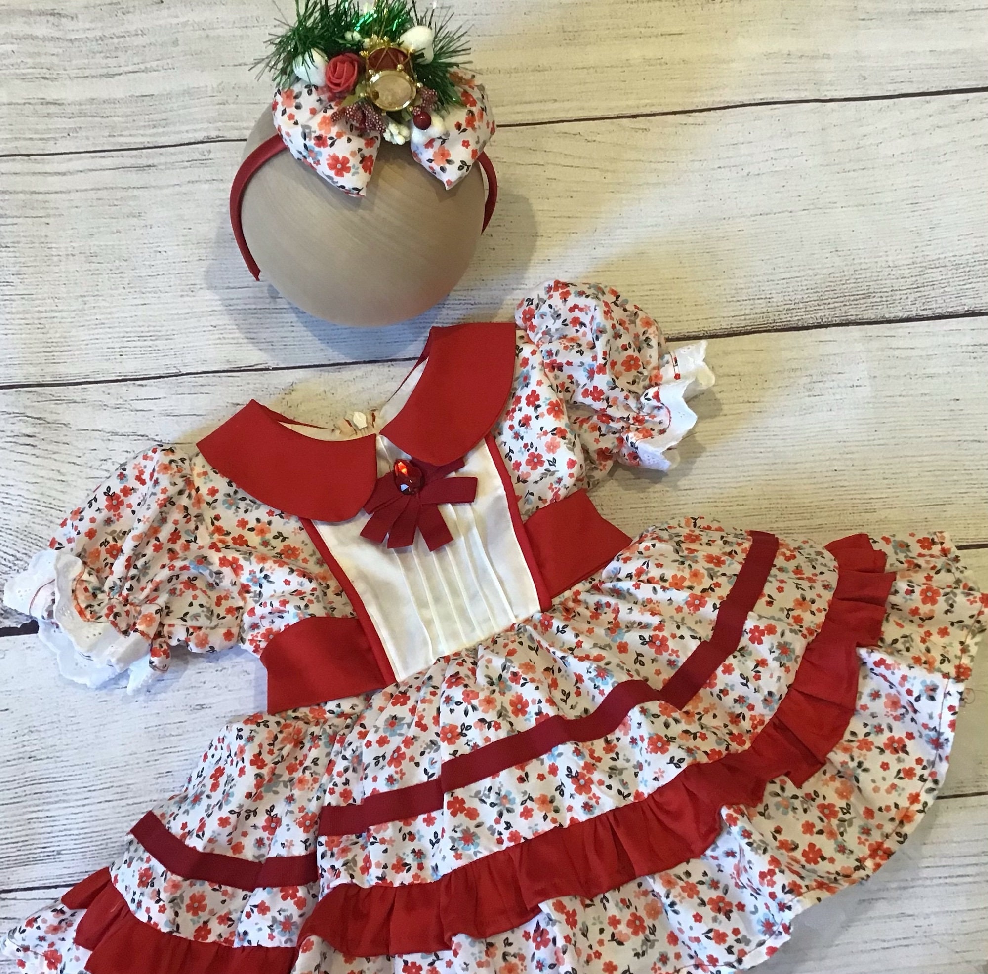 Christmas Plaid Baby Dress With Headband, Handmade 9-12 Months