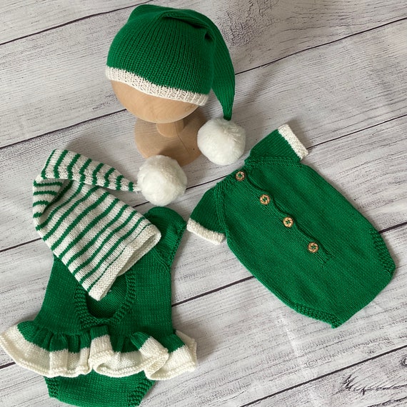 Baby Boy and Girl Newborn Christmas Elf Green Romper/dress Hat