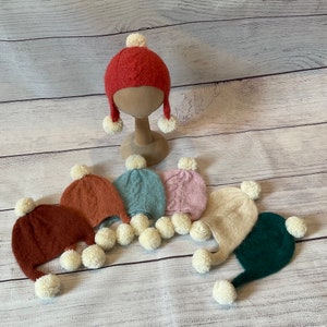 Multi-Color Newborn Bonnet Hats with Pom-Poms - Cute Newborn Photography Hats - Soft and Fuzzy Alpaca Yarn Newborn Hats - Handmade Hats