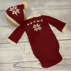 9-12 Months Christmas Romper and Bonnet Set- Handmade Knit Set- Baby Gift Set- Baby Boy Outfit Set- Sitter Set-  Photo Prop