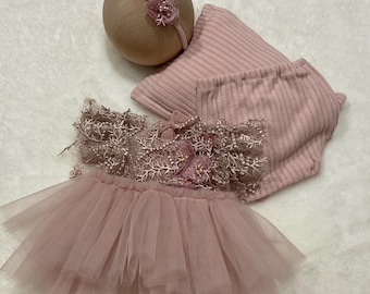 Newborn Baby Girl Lace Ruffles Dress Set-Tulle  Dress,Headband and Bloomer, Pillow-Newborn Photography
