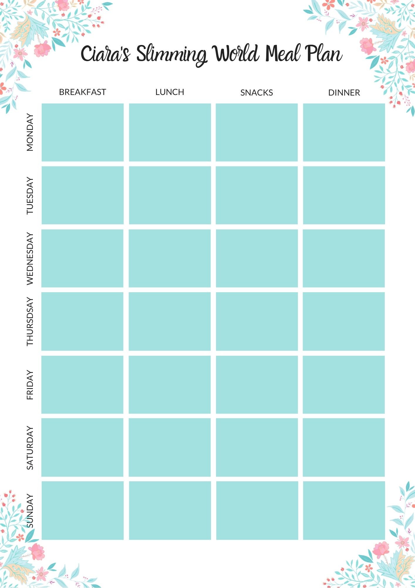 Customised Slimming World Menu Planner Weekly Menu Planner Etsy