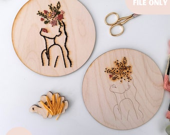 Wood Embroidery floral portrait digital template for laser, Modern hand embroidery SVG file, Laser cut design