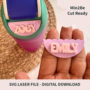 May include: A multi-colored laser cut project with the names "Zoey" and "Emily" in a bubble font. The text "Min2Be Cut Ready" is in a white speech bubble. The words "SVG LASER FILE - DIGITAL DOWNLOAD" are at the bottom.