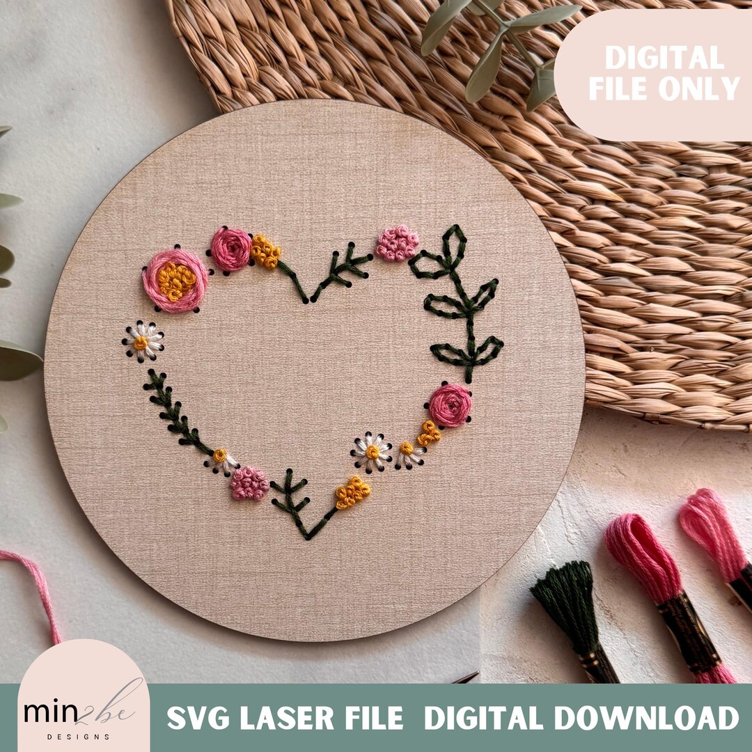 Wood Embroidery Heart Floral Digital Template for Laser, Modern